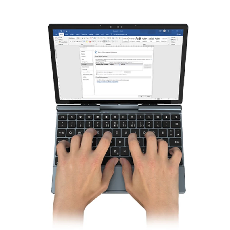 Front view of a modern 10-inch detachable notebook computer with keyboard detached and stylus resting on screen