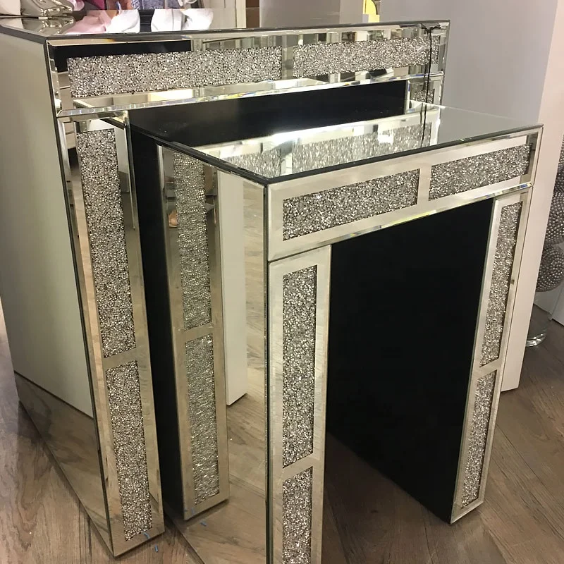 Hot Sale N Shape Diamond Mirrored Living Room Side Table End Table Set