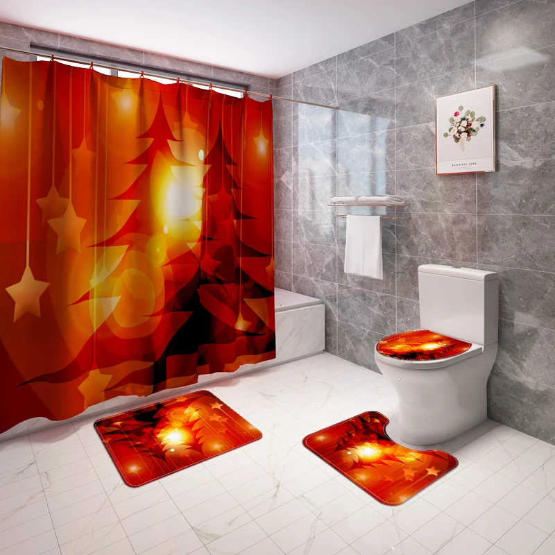 Christmas Slip Bathroom Rug 4 Piece Set Custom print Shower curtain