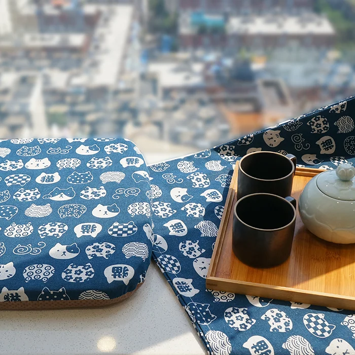 Navy Blue Pattern Printed Cotton And Linen Japanese Tablecloth For
