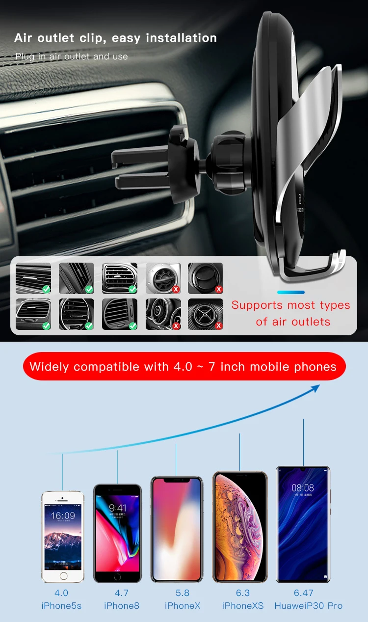 Intelligent Air Vent Mobile Phone Car Holder Touch Control Cell Phone Holder Mount 10W Qi Wireless Car Charger