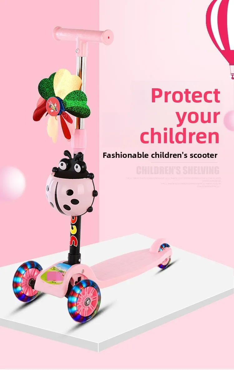 可调高度可乘坐婴儿学步车一键折叠儿童滑板车，适用于1至5岁单板，带三个轮子