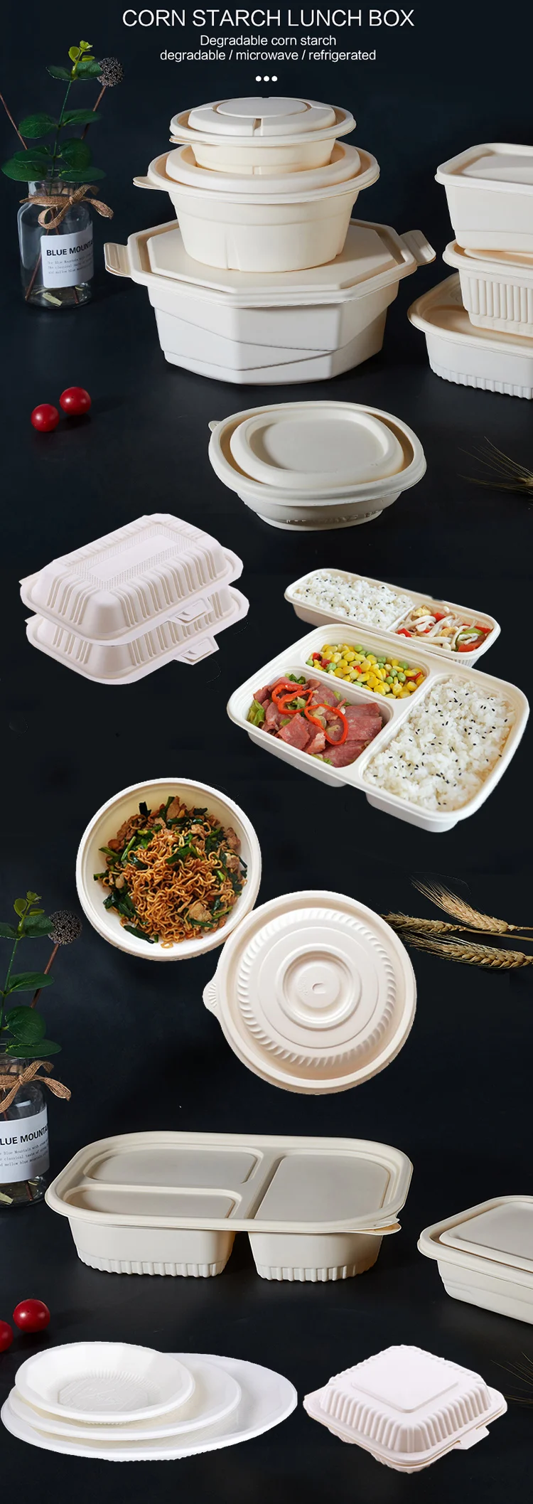 Disposable Food Containers Fast Meal Tray Biodegradable Lunch Box For Take away Corn Starch Container