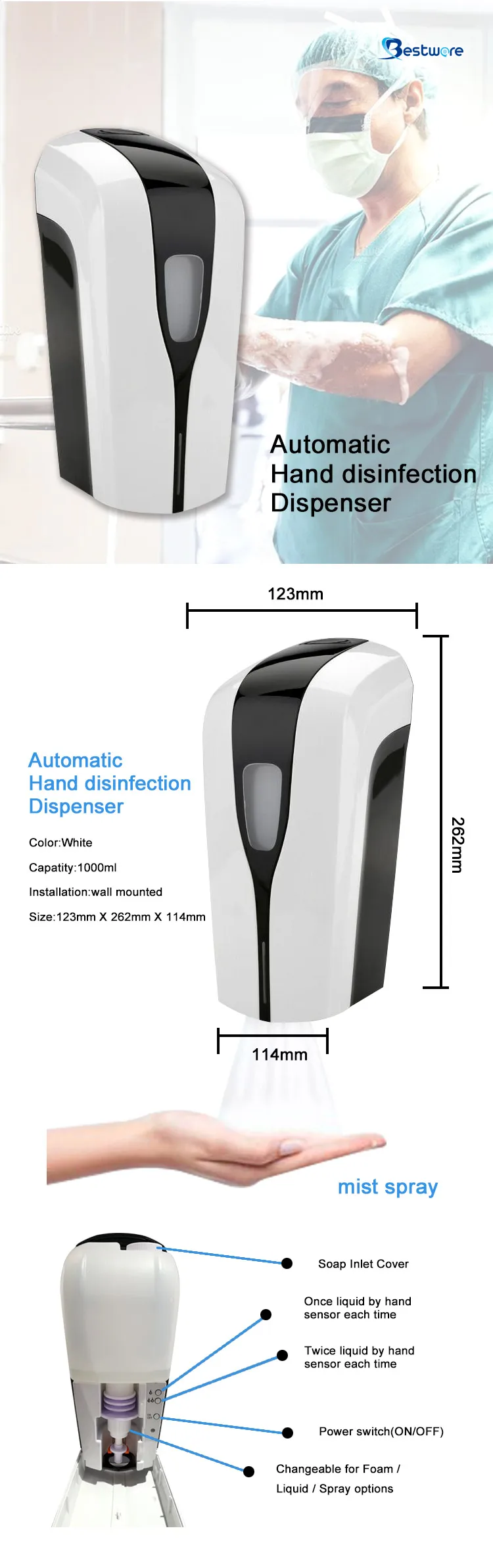 Free Standing Sensor Hand Disinfection Sanitizer Automatic Waterproof Touchless Soap Dispenser.jpg