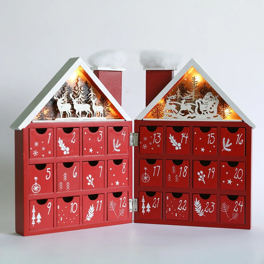 Christmas Wooden Advent Calendar Foldable House with 24 Drawers and LED Lights for Christmas Decoration 21.7x8.4x30cmH