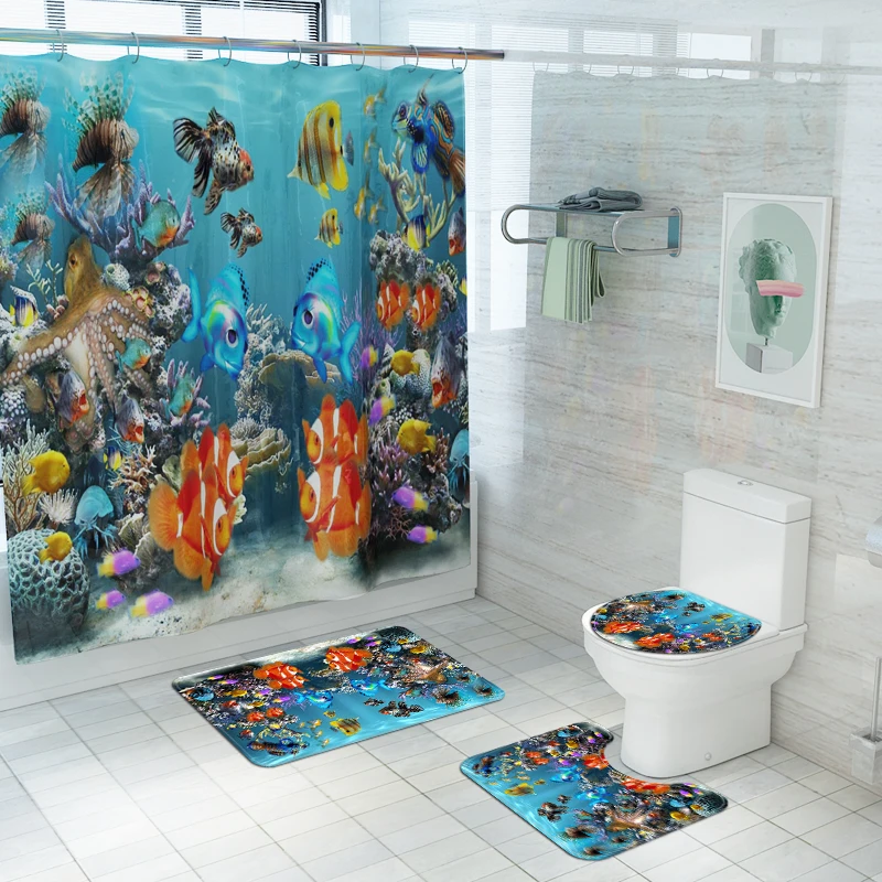 New Shower Curtain Lid Toilet Cover Bath Mat Rug with Hooks Bathroom Accessory Sets Home Decoration