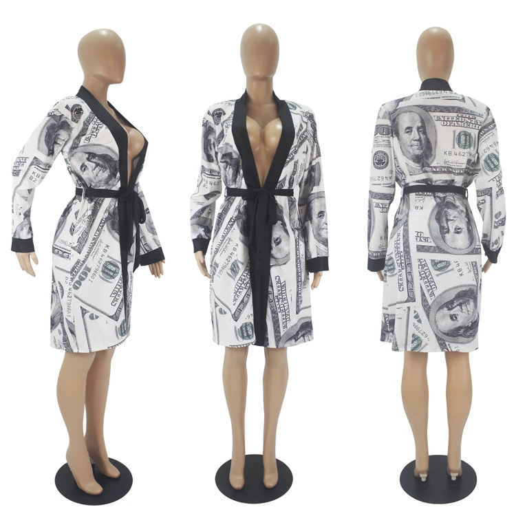Latest Design Long Sleeve New Style Money Printed Sleepwear Club Dress Woman Casual Dress Women Lady Elegant