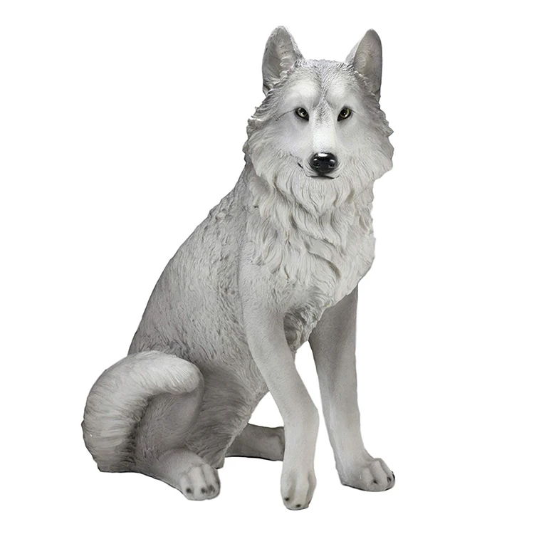 Wholesale Resin Realistic Life Size Sitting Timberwolf Sculpture White