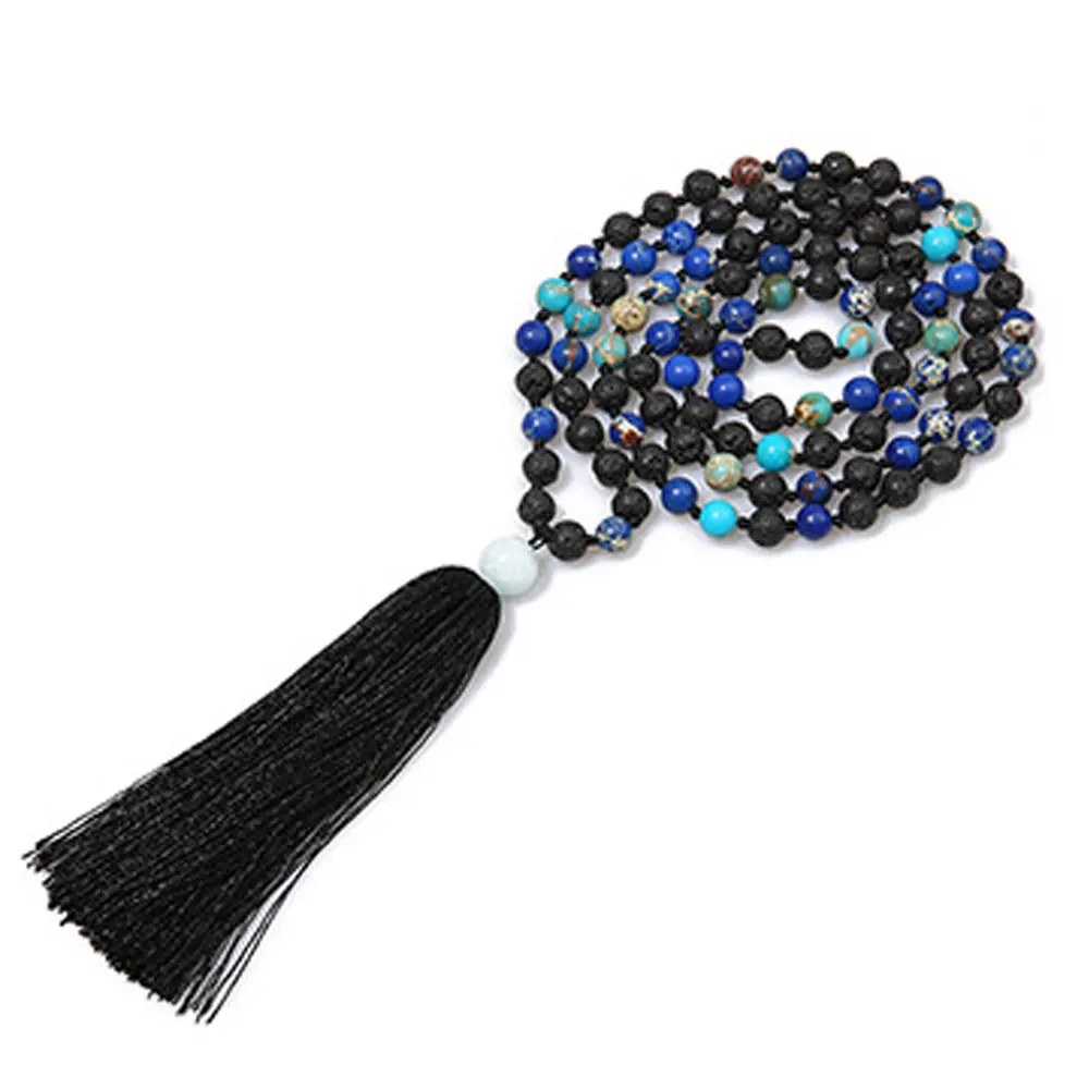 Lapis outlet and Lava stone Mala handcrafted 108 bead necklace