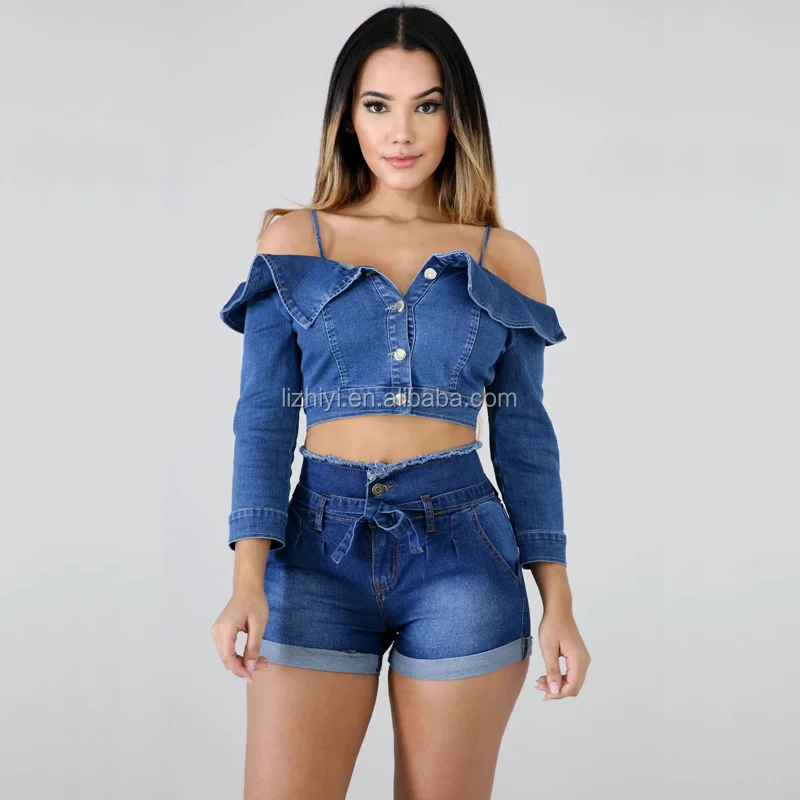 2020 Cotton Blue Jean Shorts High Waist Women Summer Lace Up Pockets