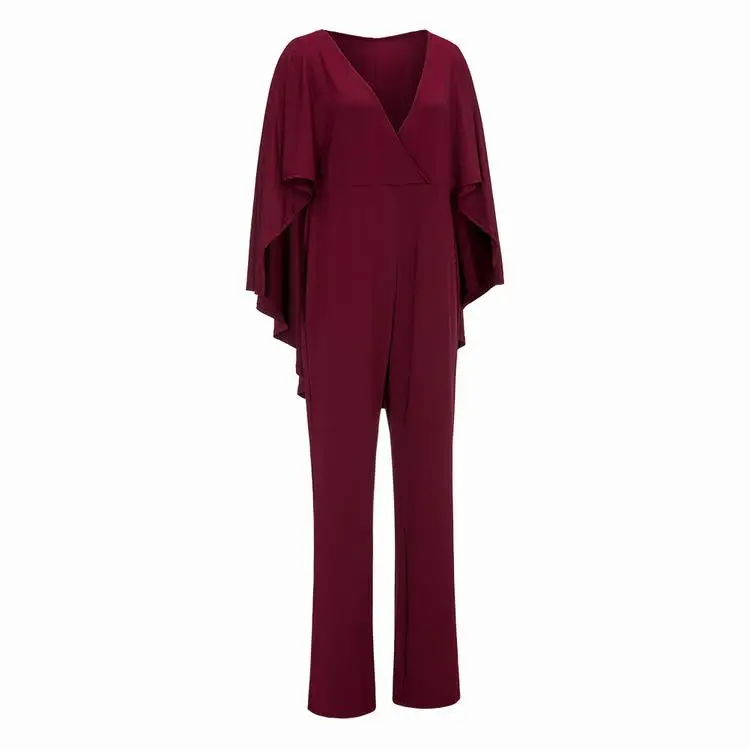 2019 Factory Price Women Sexy V-Neck Plain Color Cape Jumpsuit Women Jumpsuits And Rompers