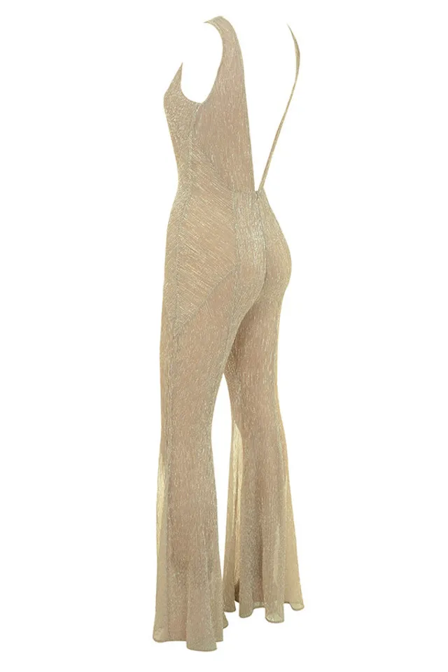 fallon champagne lurex kickflare jumpsuit