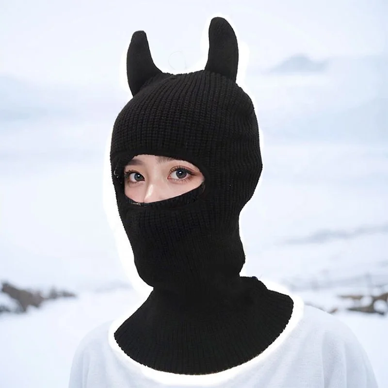 Monster Ears Ski Mask Balaclava Solid Color Beanie Y2K Knit Hat Outdoor  Cycling Windproof Knitted Beanie With Horns Women Men