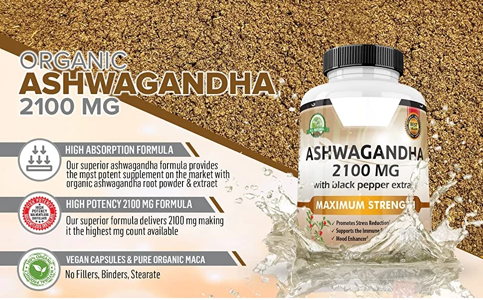 Pure Organic Ashwagandha Capsules 2100mg Vegan KSM-66 Capsules