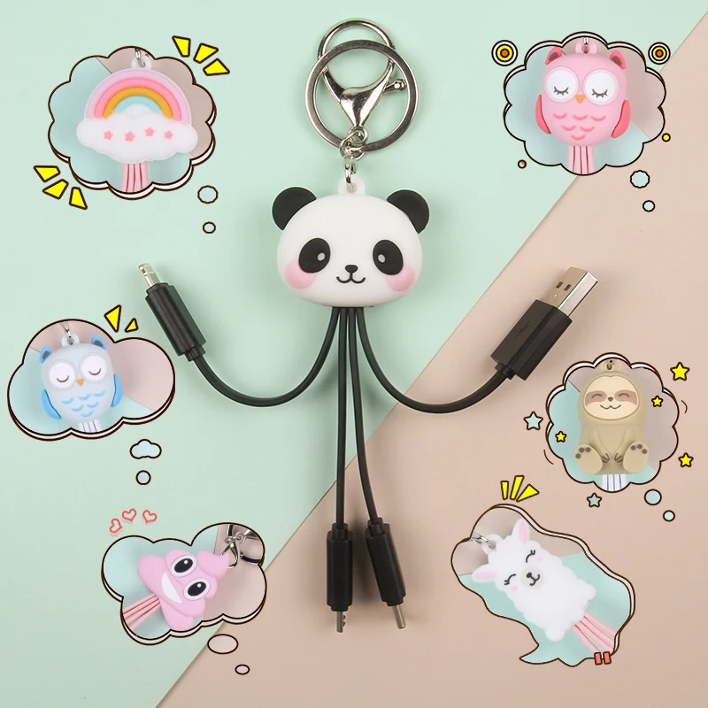 
Panda Sloth Usb 3 in 1 cable Multi Functional Charging Keyring Cable Mobile Phone Type C Fast Keychain Charger Cable 