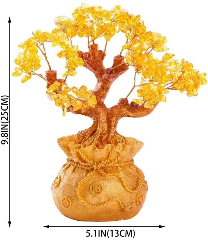 Feng Shui Tree Pale Gold Crystal Money Decor Bonsai Style Decoration For Wealth 