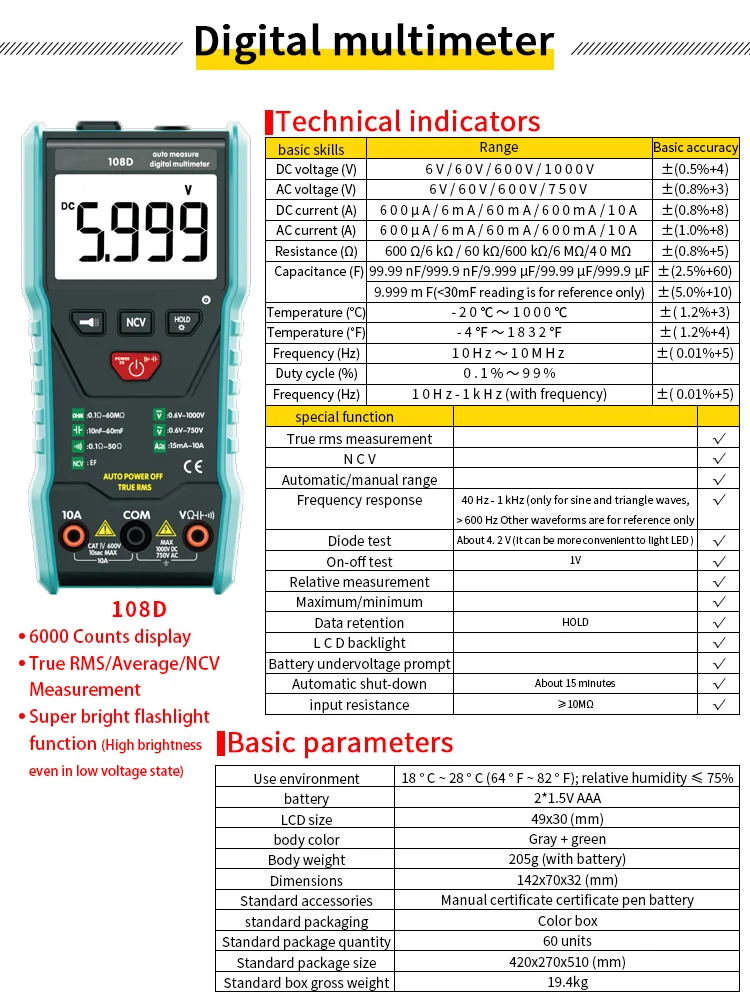 High Quality Multimeter 6000 Counts Range Best Auto Digital Multimeter