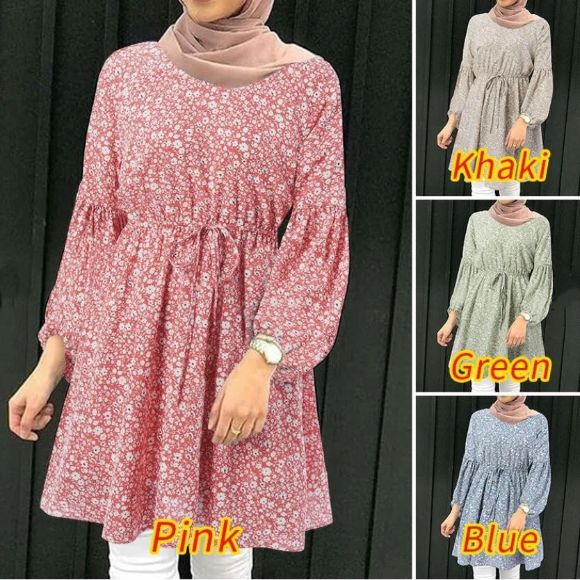 Women's Muslim Casual Pleated Blouses Floral Print Long Sleeve Babydoll Tunic  Tops Loose Shirts Shirts – كل شئ