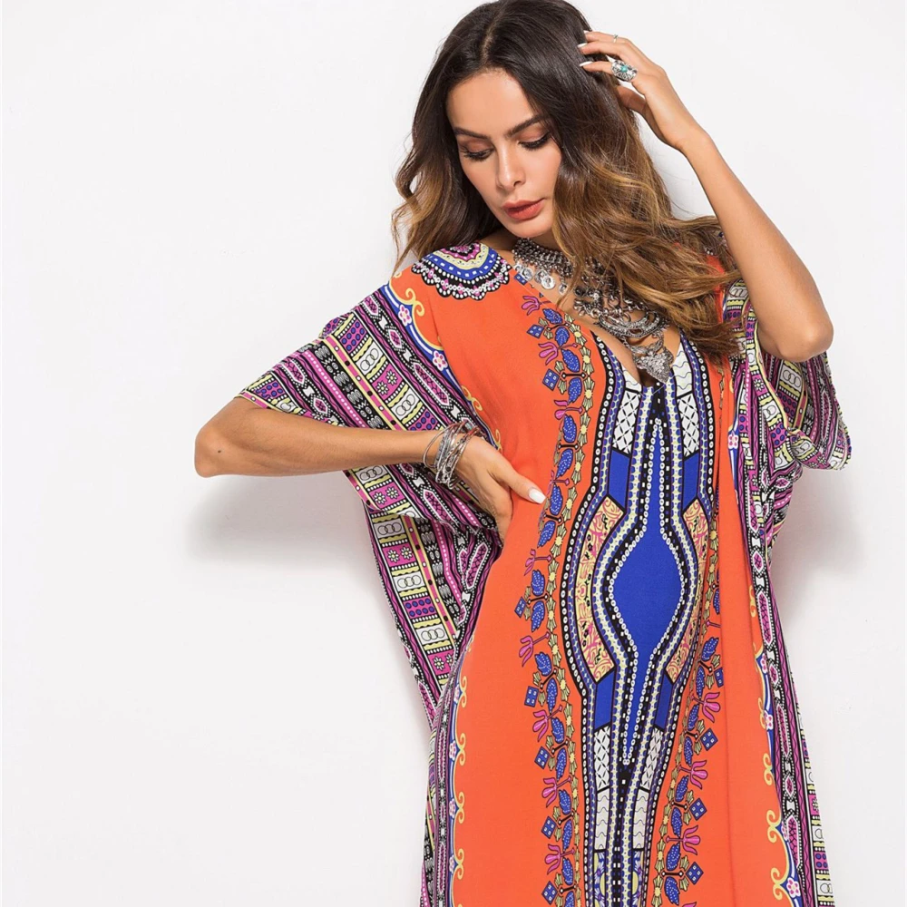 漂亮的步骤南美风格印花休闲时尚连衣裙海滩夏季宽松长连衣裙的妇女