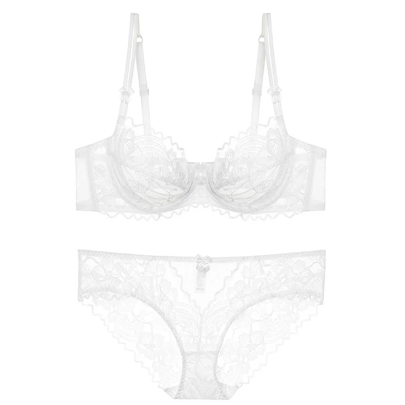 Pure Desire Summer French Bra Set Floral Patterned Breathable Lace Underwear for Big Chest High-Sexy Thin Cup Bikini Plain Dyed