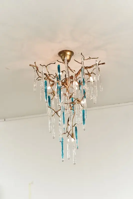 MEEROSEE Staircase Chandelier Aqua Lamp Blue Crystal Pendant Chandelier Gold Copper Lights Lamps Rattan Pentateuch MD87015