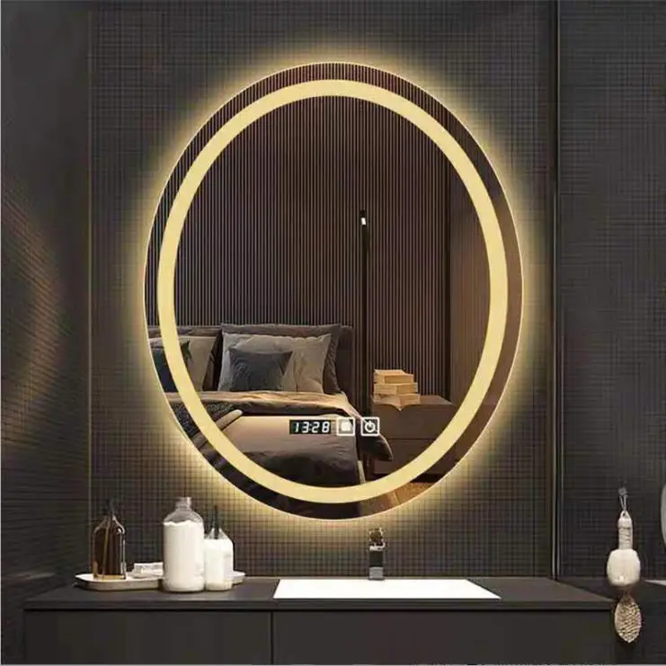 Bathroom Yellow Lighted Oval Shape Illuminate Aluminium LED Smart Mirror