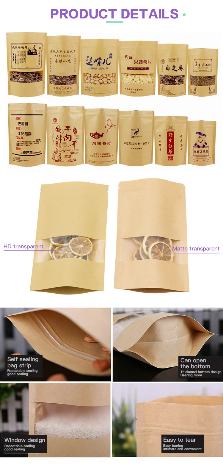 One Side Clear Transparent Kraft Paper Ziplock Stand Up Paper Pouch With Zipper Wholesale Price