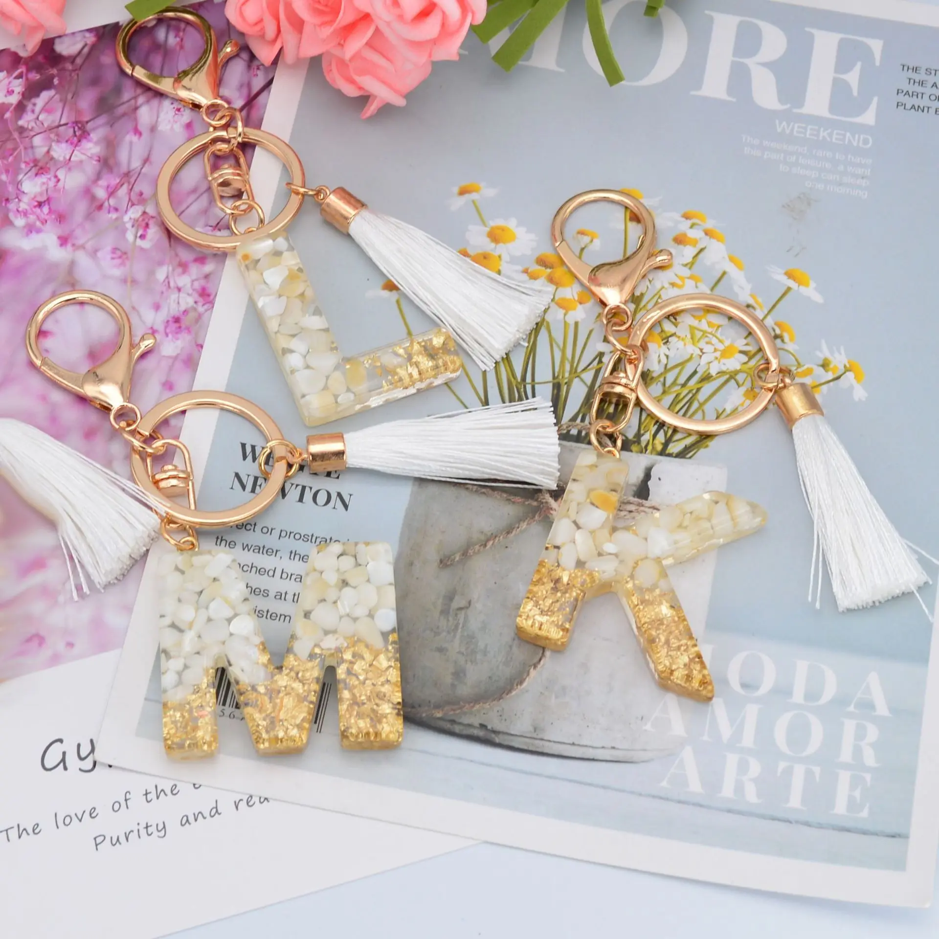 2023 White Tassel Alphabet Key Chain - Crystal Epoxy Pendant