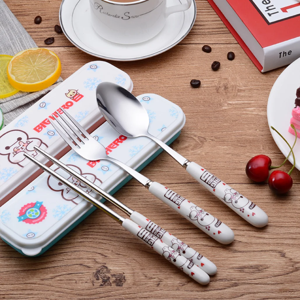 Creative ceramic handle chopsticks children tableware set cartoon spoon gift set of 3 stainless steel fork