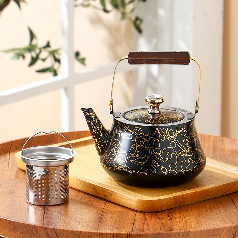 Series 24 Tea Kettle — Black Gold Abstract Line Pattern