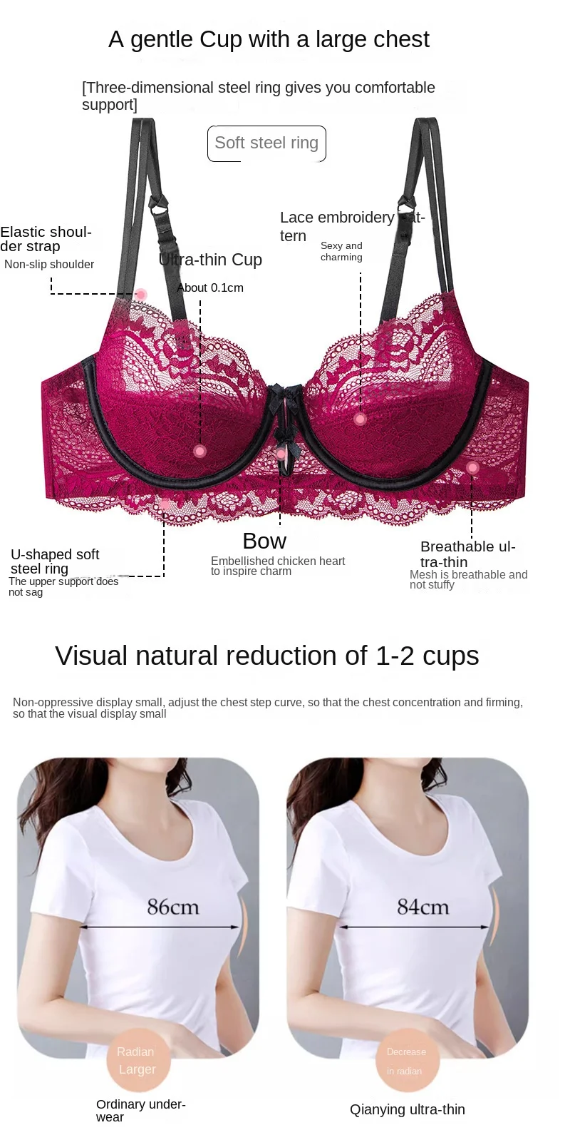 Benmingnian Red Lace Bra Thongs European American Sexy Ultra-Thin Underwear Adjustable Straps Pure Big Chest Showy Large Size