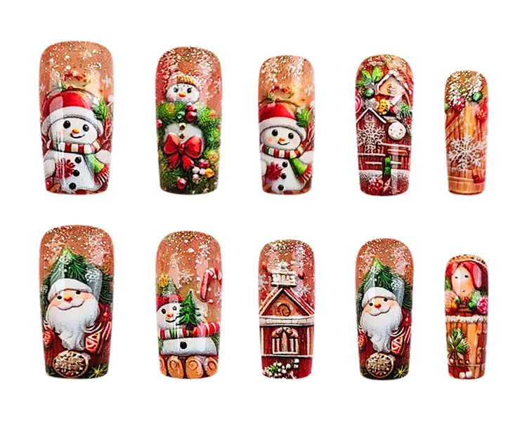 24pcs 3D Christmas Theme Embossed Snowman Nail Designs Art Decoration Wearable Fake Nail Stickers Christmas Nail Pieces