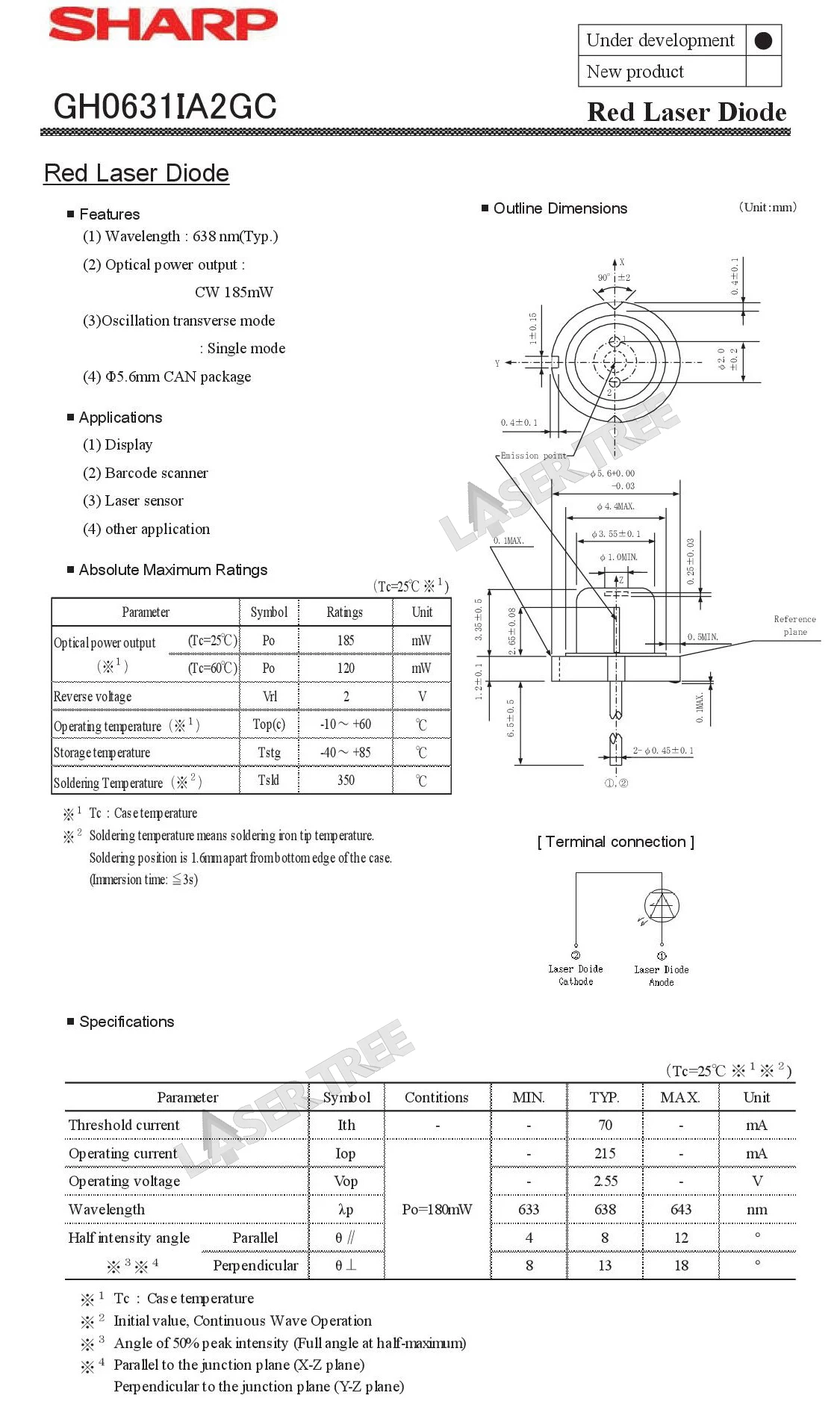 Sharp Gh0631ia2gc 633nm 638nm 643nm 120mw 180mw 185mw Red Laser Diode