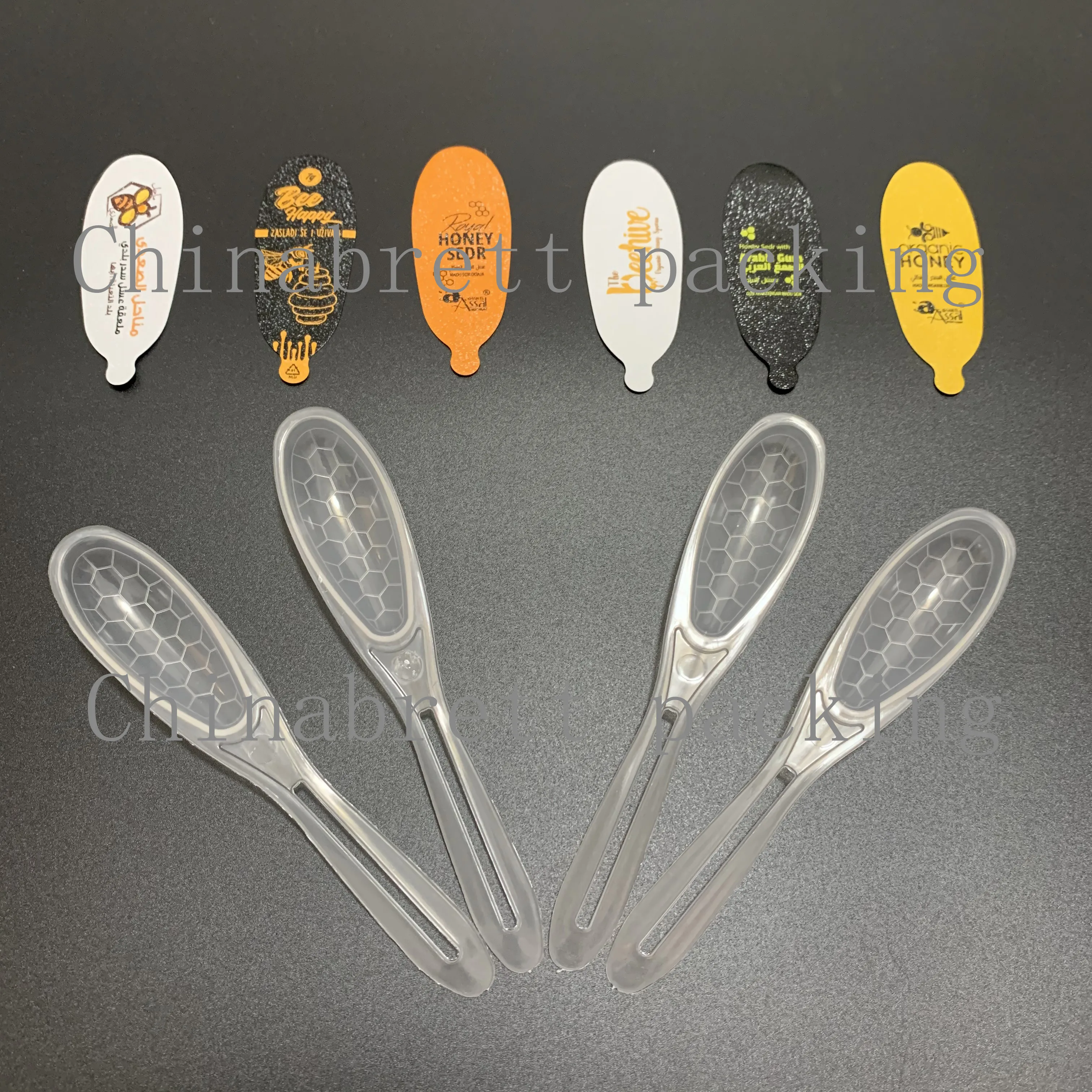 Hot selling 7g disposable plastic cup transparent honey spoon with foil film and wrappers