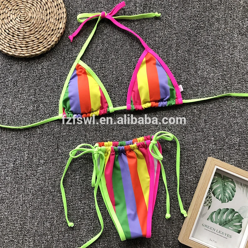 2019 Sexy Patchwork Sling Tie Halter Thong Micro Bikini Sets Swimsuits