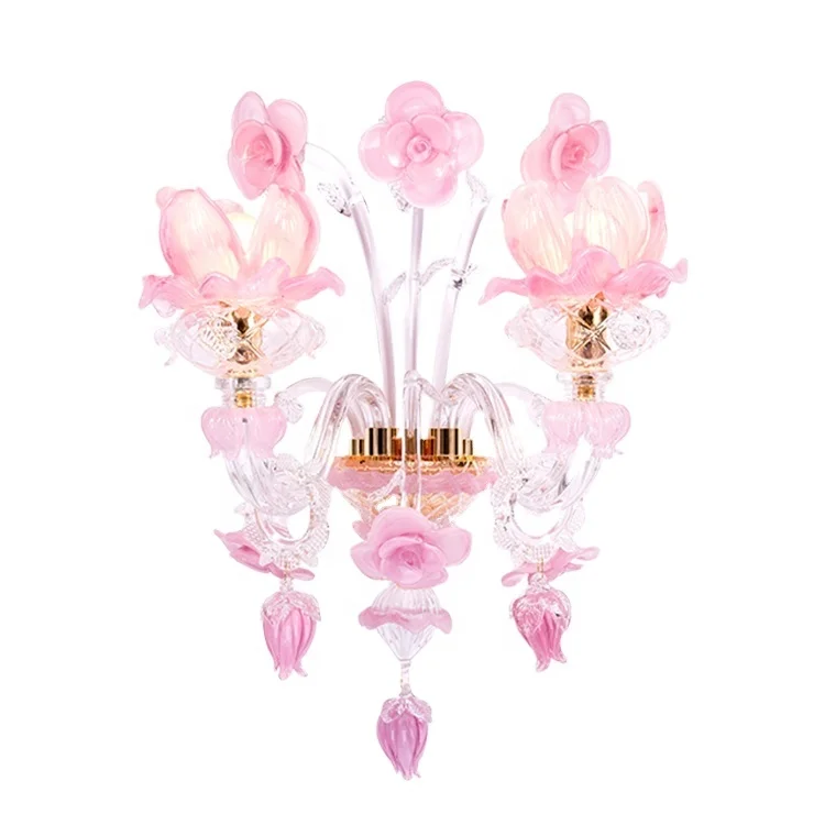 Glass flower decor indoor decorative led pink wall lamp for living room bedroom