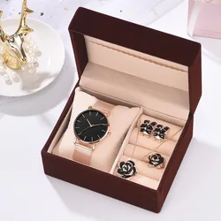 New arrvial luxury women ladies gift simple 5pcs set rose necklace ring earrings stainless steel watch jewelry