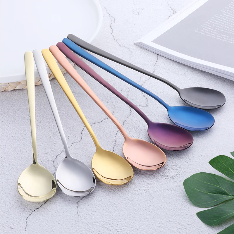 Titanium Stainless Steel Rice Korean Gold Long Handle Round Soup Spoon