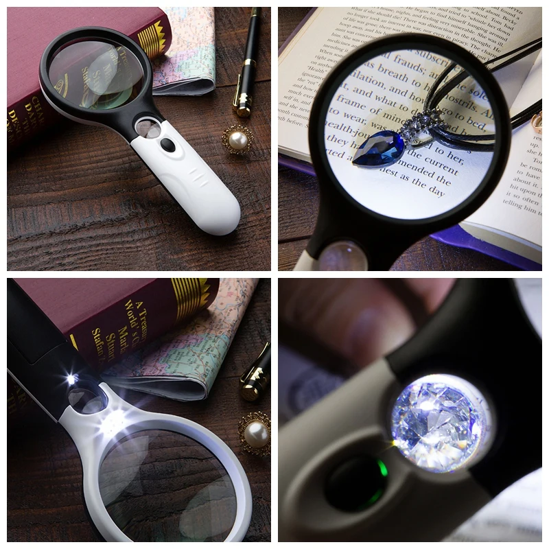 Magnifier 3 LED Light Handheld Magnifying Glass with Light 3X 45X Illuminated Loupe Lens,Great Tool for Visual Impairment Black White 