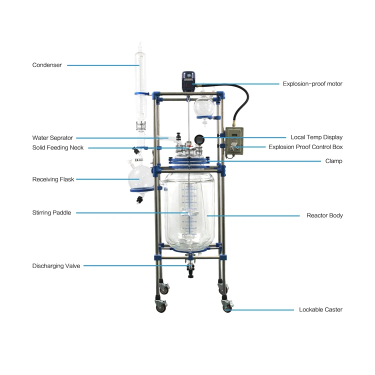 Automatic 100L Jacketed Glass Reactor Vessel with 304 Stainless Steel Frame and 6 Neck on Reactor Cover