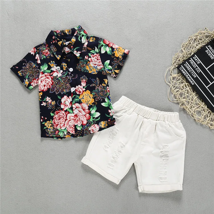 2019 Summer Kid Boys Clothes Flower Shirts+ Denim Shorts 2pcs Baby Boys ...