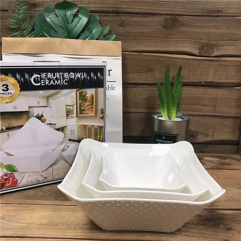 New Design White Ceramic Bowl Salad Bowls With Embossed Decoration For