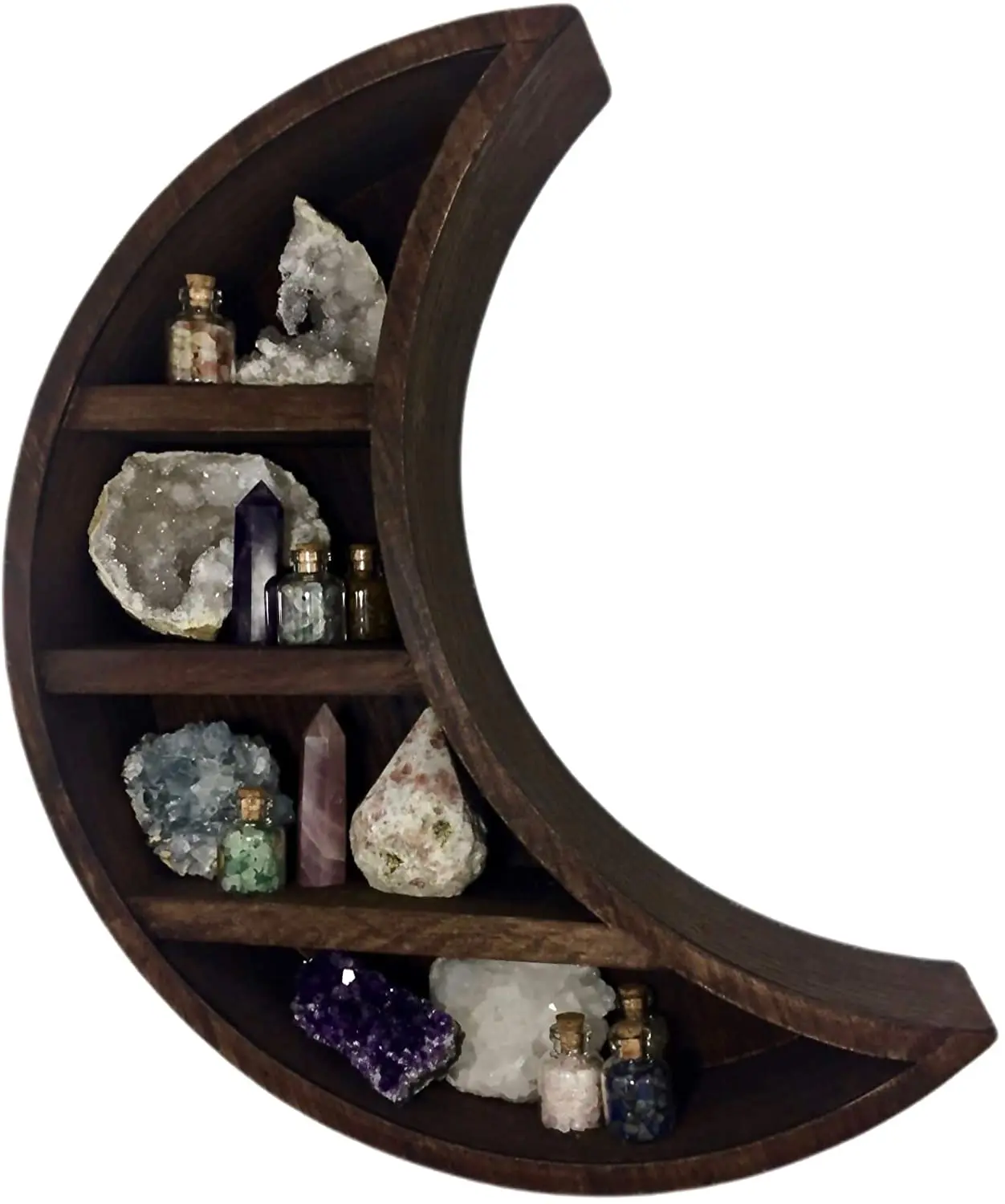 
Moon Wall Decor Crystal Display Shelf Rustic Mango Wooden Crescent Moon Phase Shelf for Crystals and Stones 
