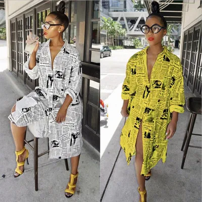 Dress Newspaper Print Coat Printed Letter Paper Cardigan Long Shirt Dress V neck Long Sleeve Irregular Clothing