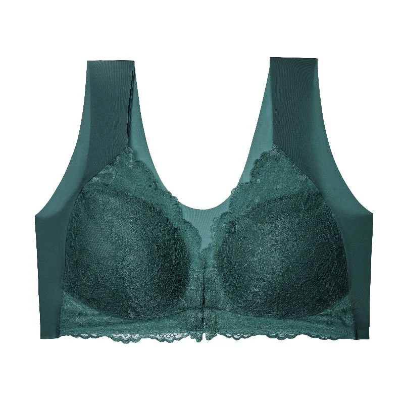 Cross-Border Ladies Seamless Thin Bra Large Size Front Opening Buckle Sexy Lace Steel Ring Back Customizable Cup Wholesale