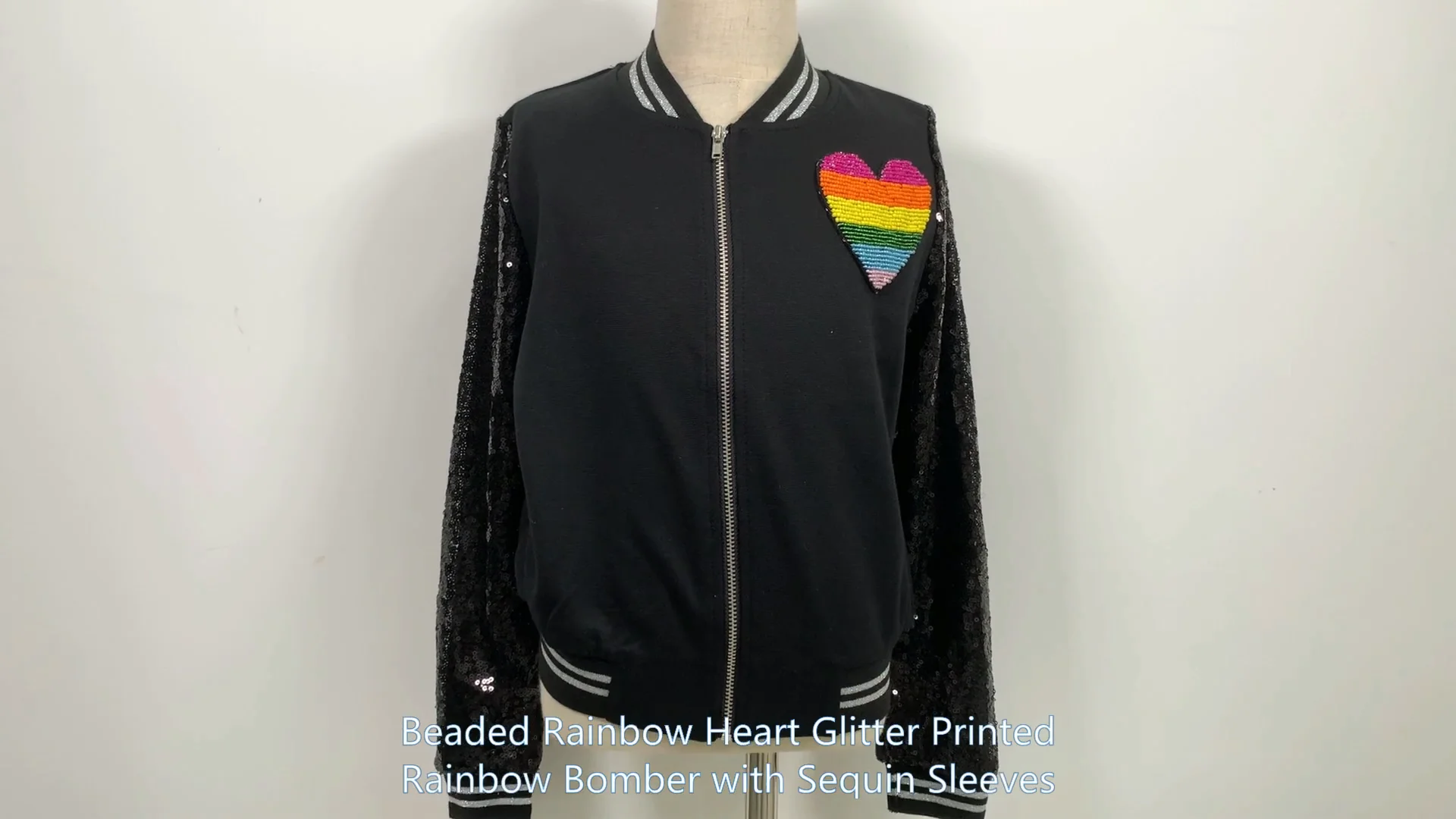 Unique Vintage Plus Size Rainbow Sequin Satin Bomber Jacket