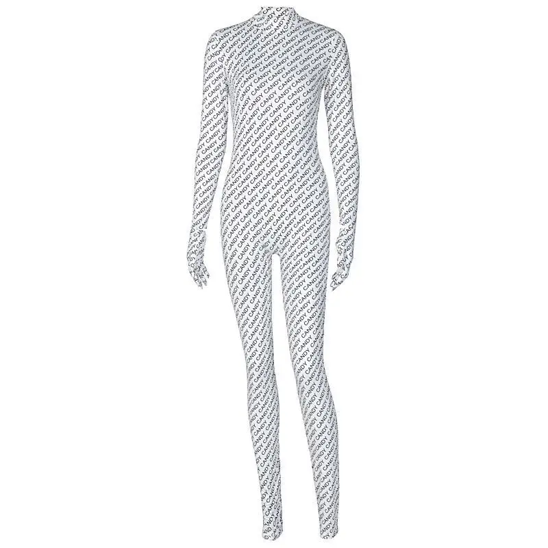 Full Letter Printed Bodysuit Tights Pants Women Set Long Sleeve With Gloves High Collar Tops Buy Full Letter Sexy Warm Casual 2 Piece Women Set With Gloves High Elasticity White High Waist