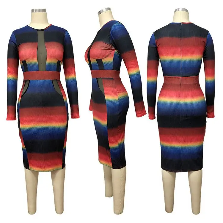 10609SS Cheap Apparel Colorful Stripe Peint Slim Sexy Bodycon Women Casual Dress Boutique Clothing