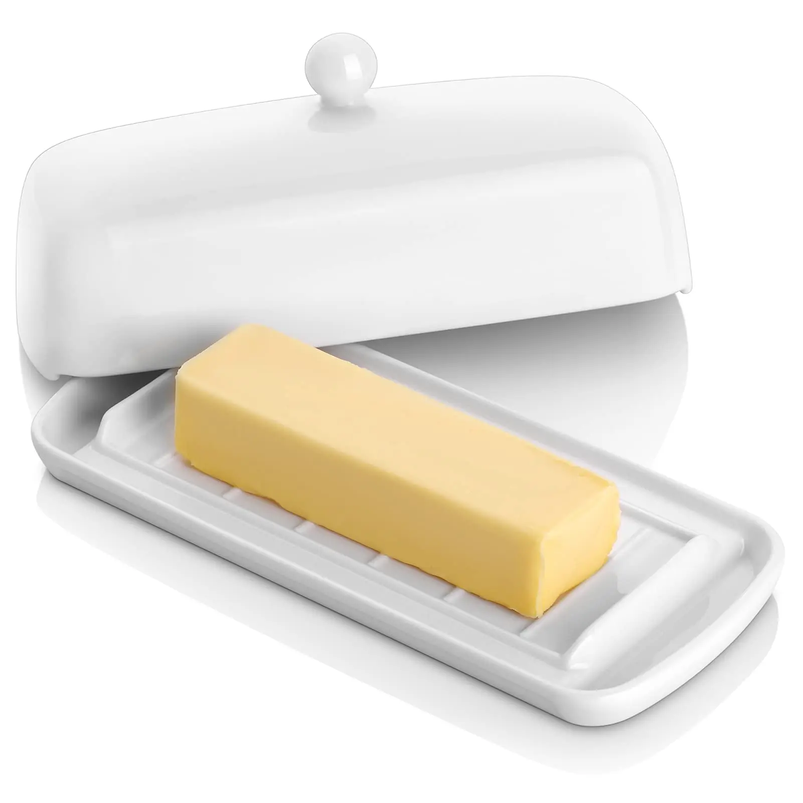 Nucookery White Porcelain Butter Dish with Clean Table Design Raised Non-Slip Ceramic Plate with Lid for Countertop Use factory