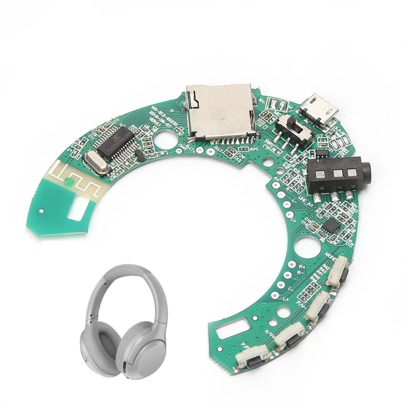 Close-up of Bluetooth headset internal PCB showing SoC, battery, and antenna trace